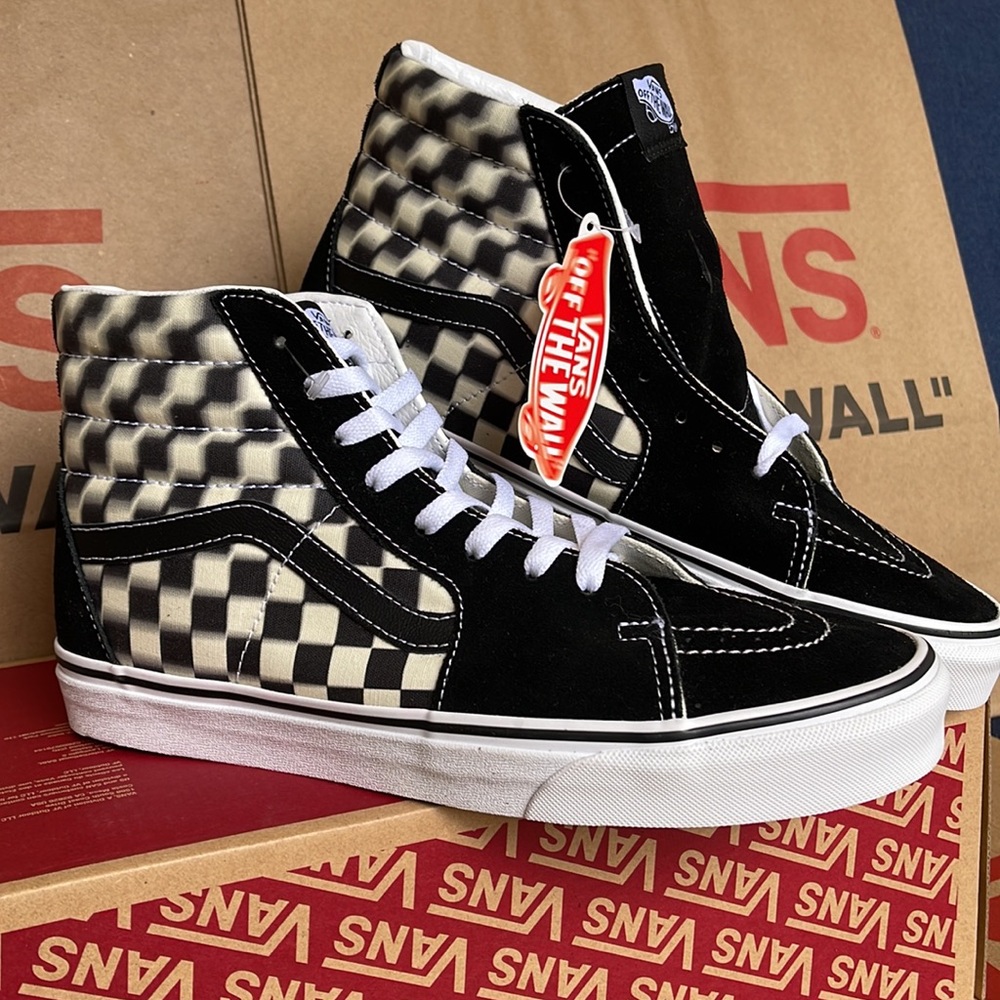 NWB Unisex Vans Sk8-Hi Black & White "Blur Check" Checkerboard Classic Sneaker